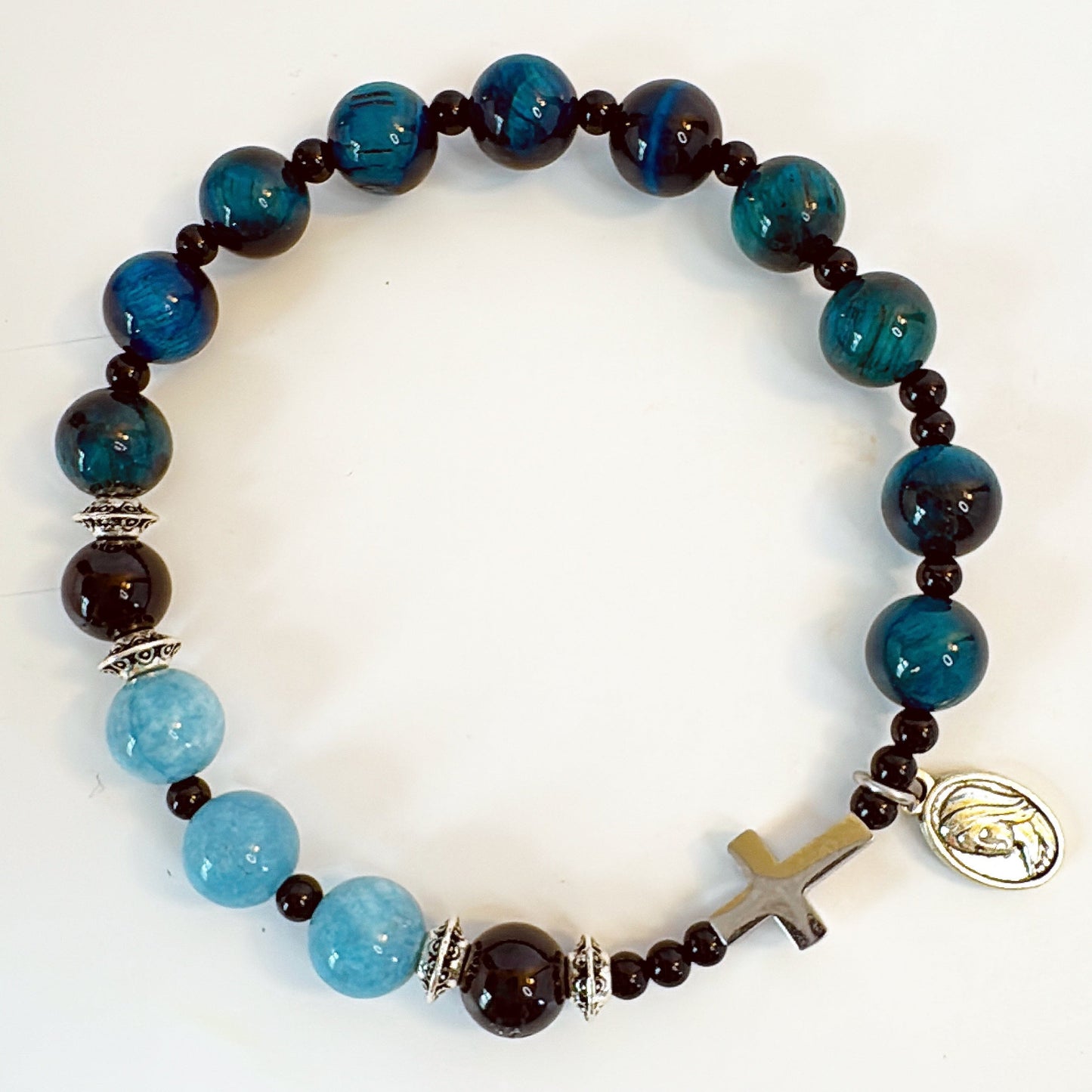 8mm Aquamarine Tiger Eye One Decade Rosary Bracelet
