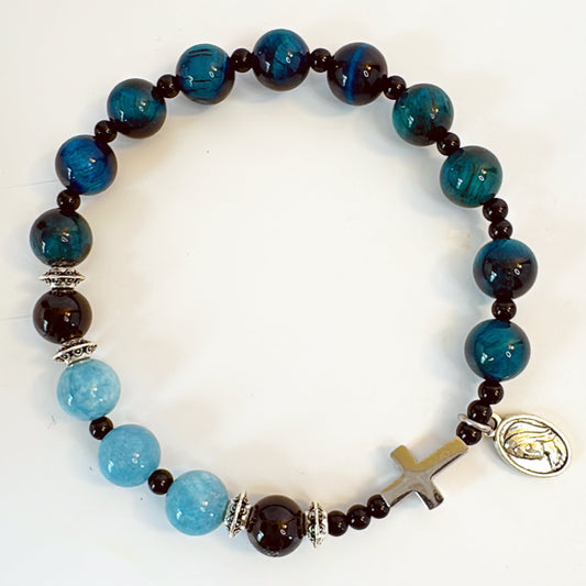 8mm Aquamarine Tiger Eye One Decade Rosary Bracelet