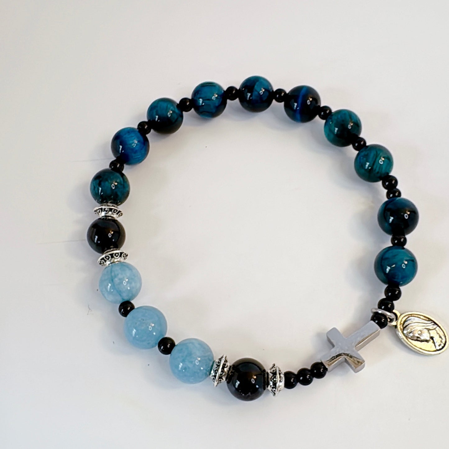8mm Aquamarine Tiger Eye One Decade Rosary Bracelet