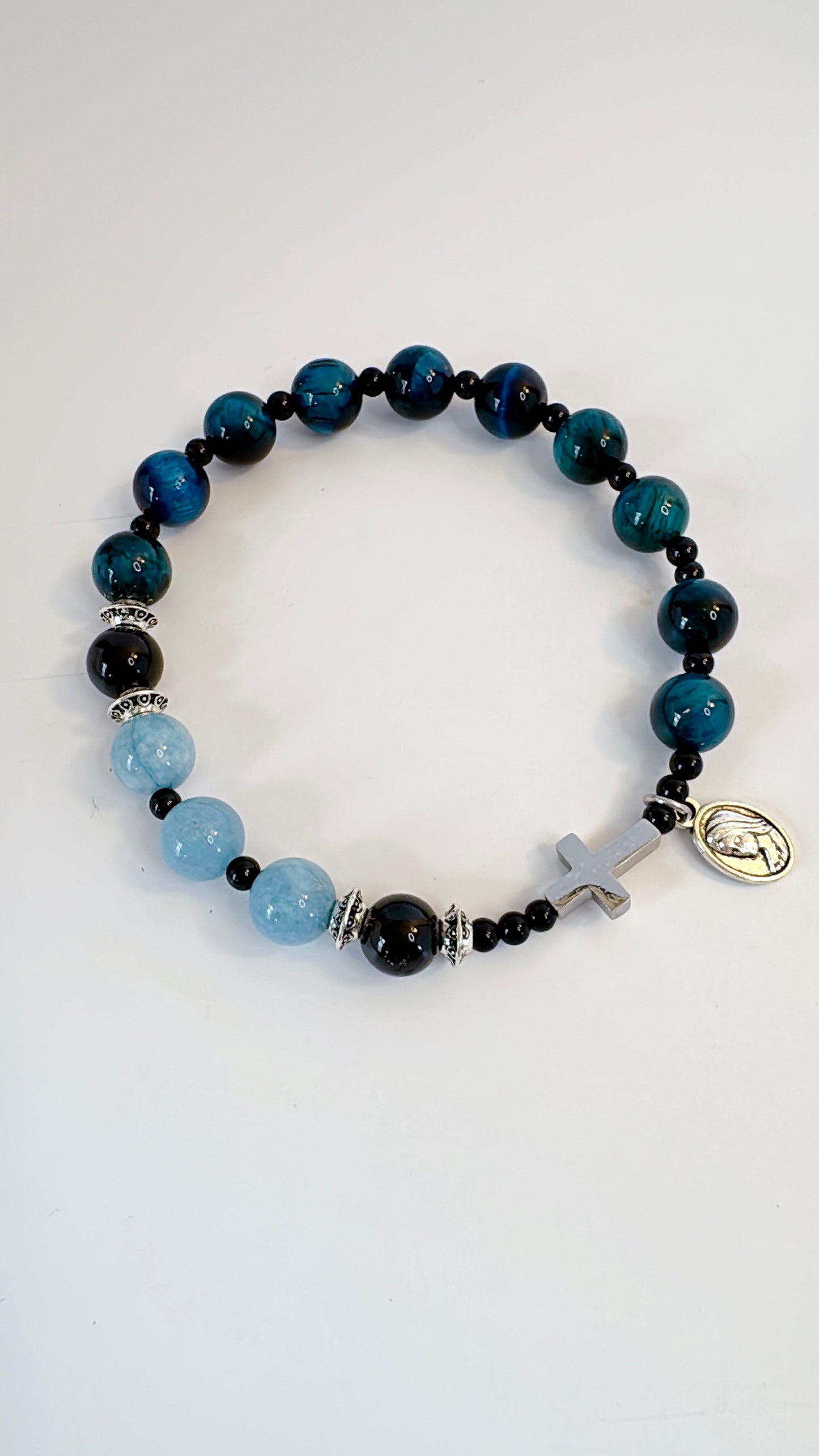 8mm Aquamarine Tiger Eye One Decade Rosary Bracelet