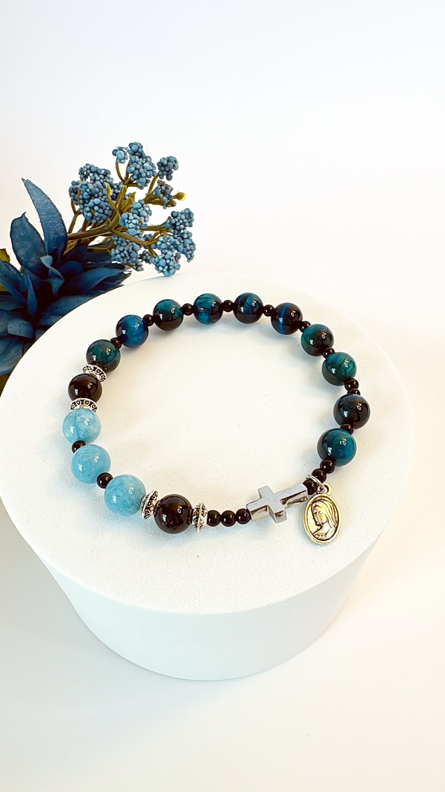 8mm Aquamarine Tiger Eye One Decade Rosary Bracelet