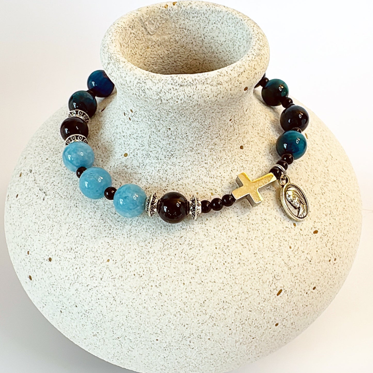 8mm Aquamarine Tiger Eye One Decade Rosary Bracelet