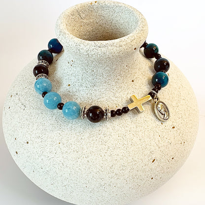 8mm Aquamarine Tiger Eye One Decade Rosary Bracelet