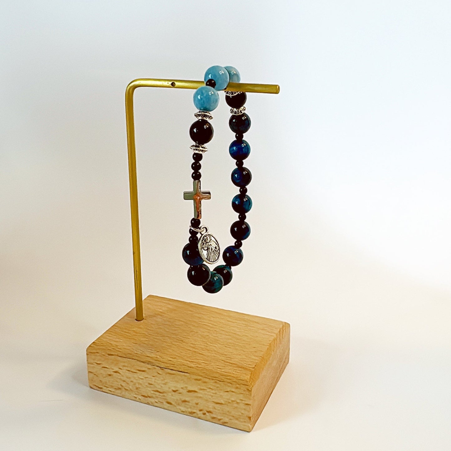 8mm Aquamarine Tiger Eye One Decade Rosary Bracelet