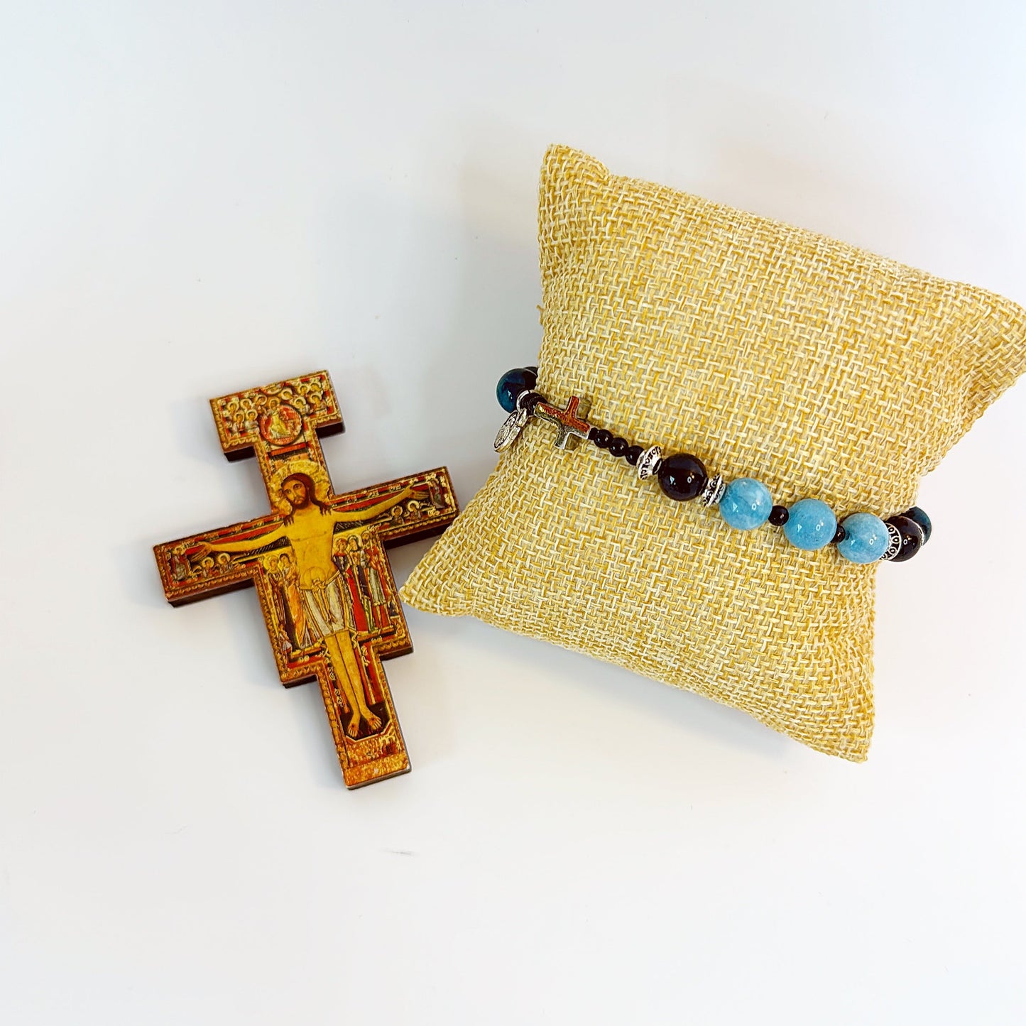 8mm Aquamarine Tiger Eye One Decade Rosary Bracelet