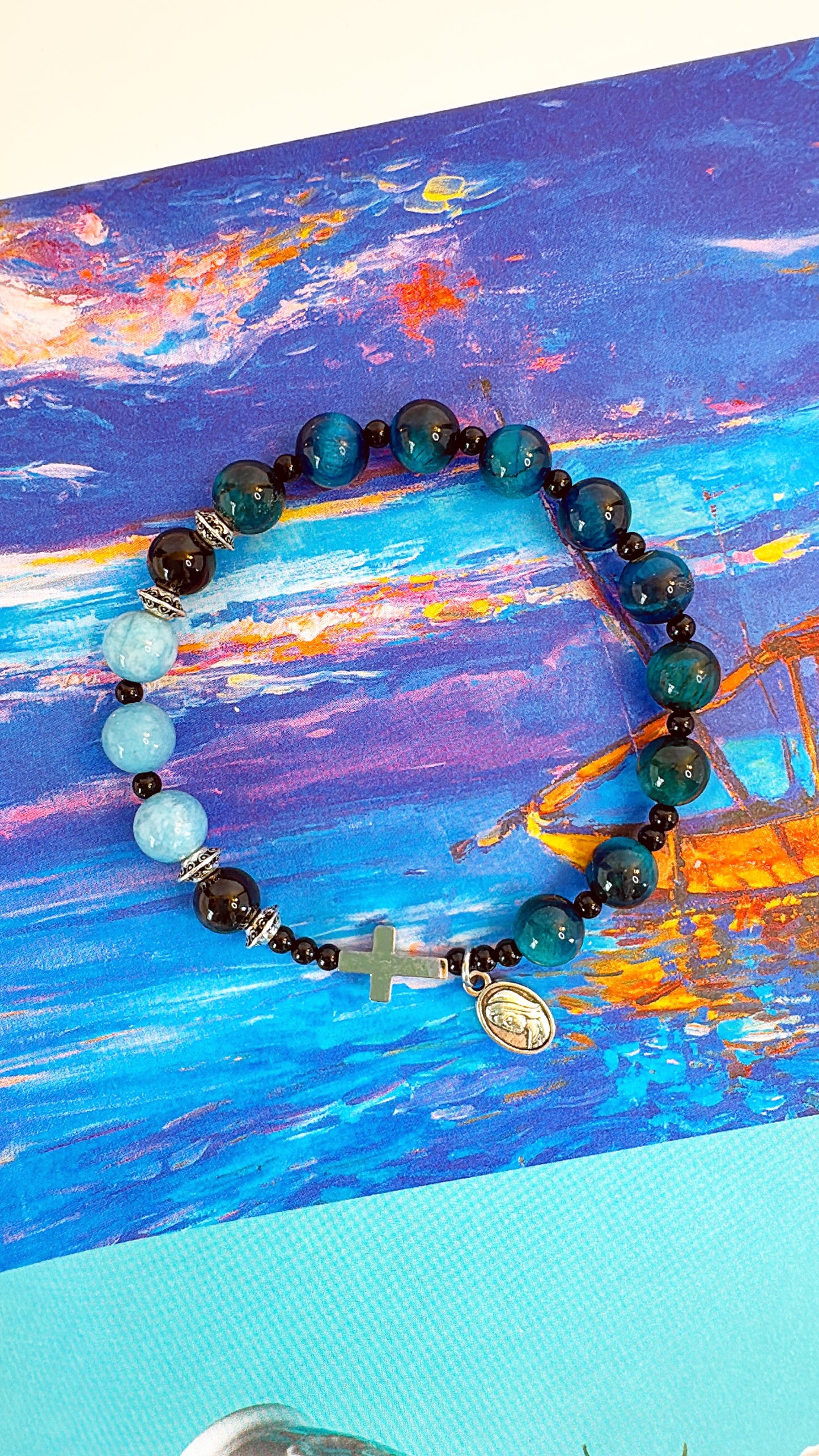 8mm Aquamarine Tiger Eye One Decade Rosary Bracelet