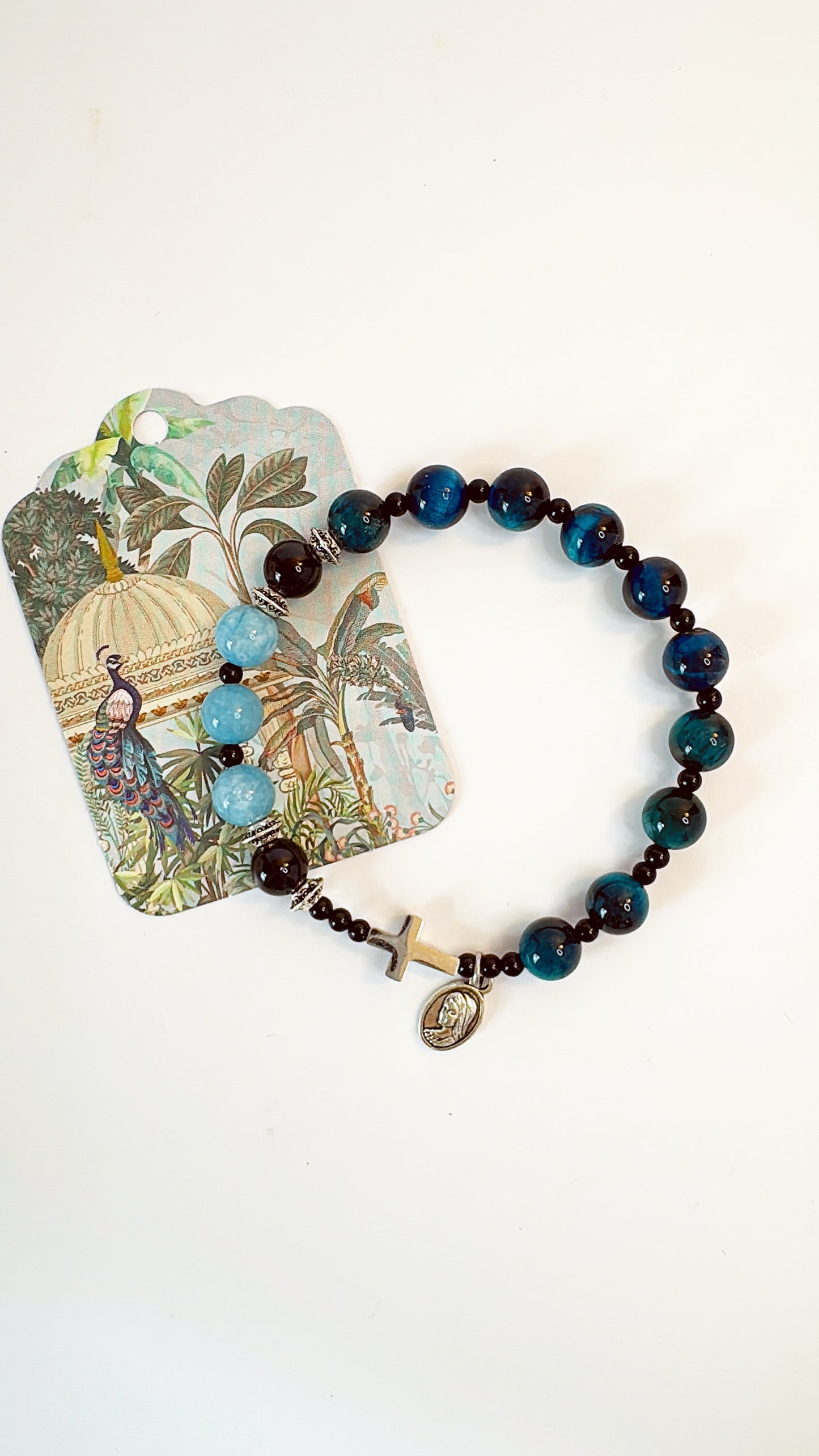8mm Aquamarine Tiger Eye One Decade Rosary Bracelet