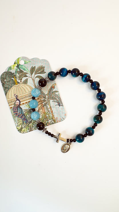 8mm Aquamarine Tiger Eye One Decade Rosary Bracelet