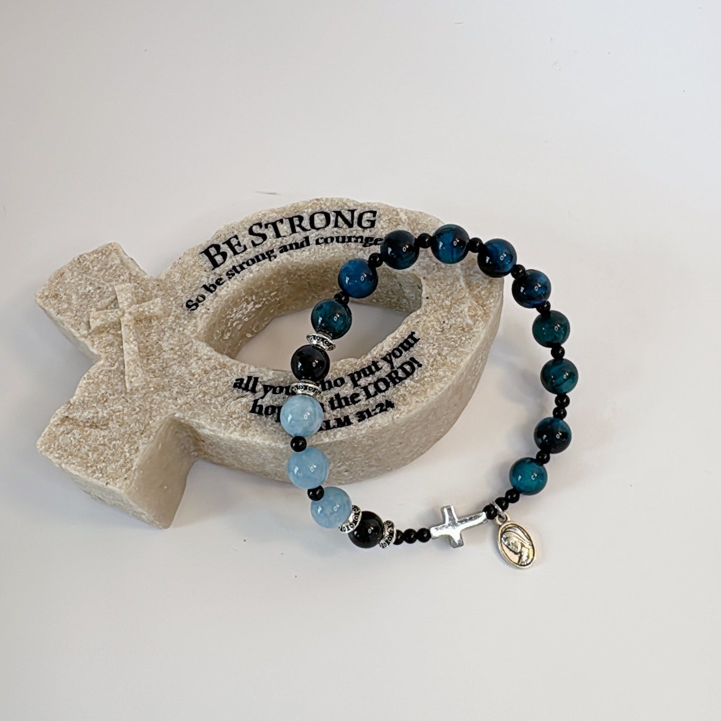 8mm Aquamarine Tiger Eye One Decade Rosary Bracelet