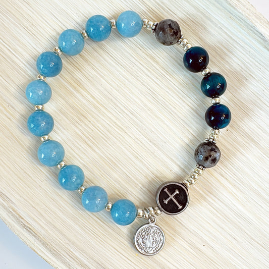 8mm Blue Chalcedony Jade One Decade Rosary Bracelet