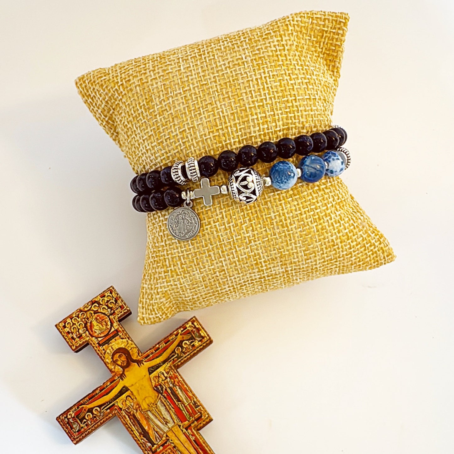 6mm Blue Goldsand Full Decades Rosary Bracelet