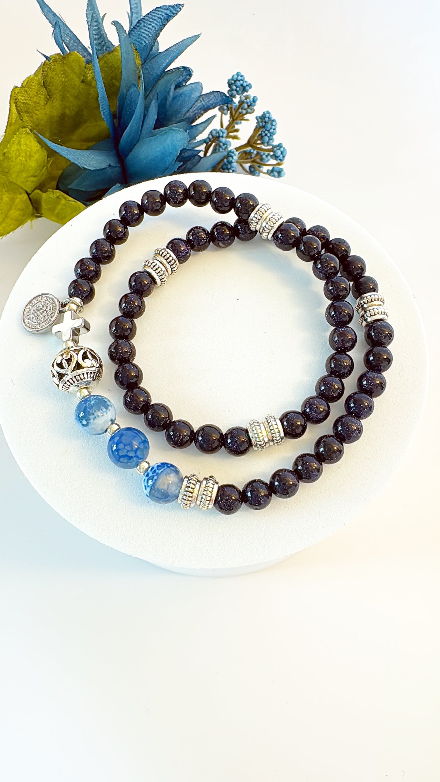 6mm Blue Goldsand Full Decades Rosary Bracelet