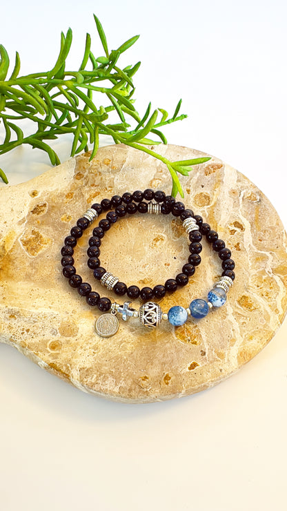 6mm Blue Goldsand Full Decades Rosary Bracelet