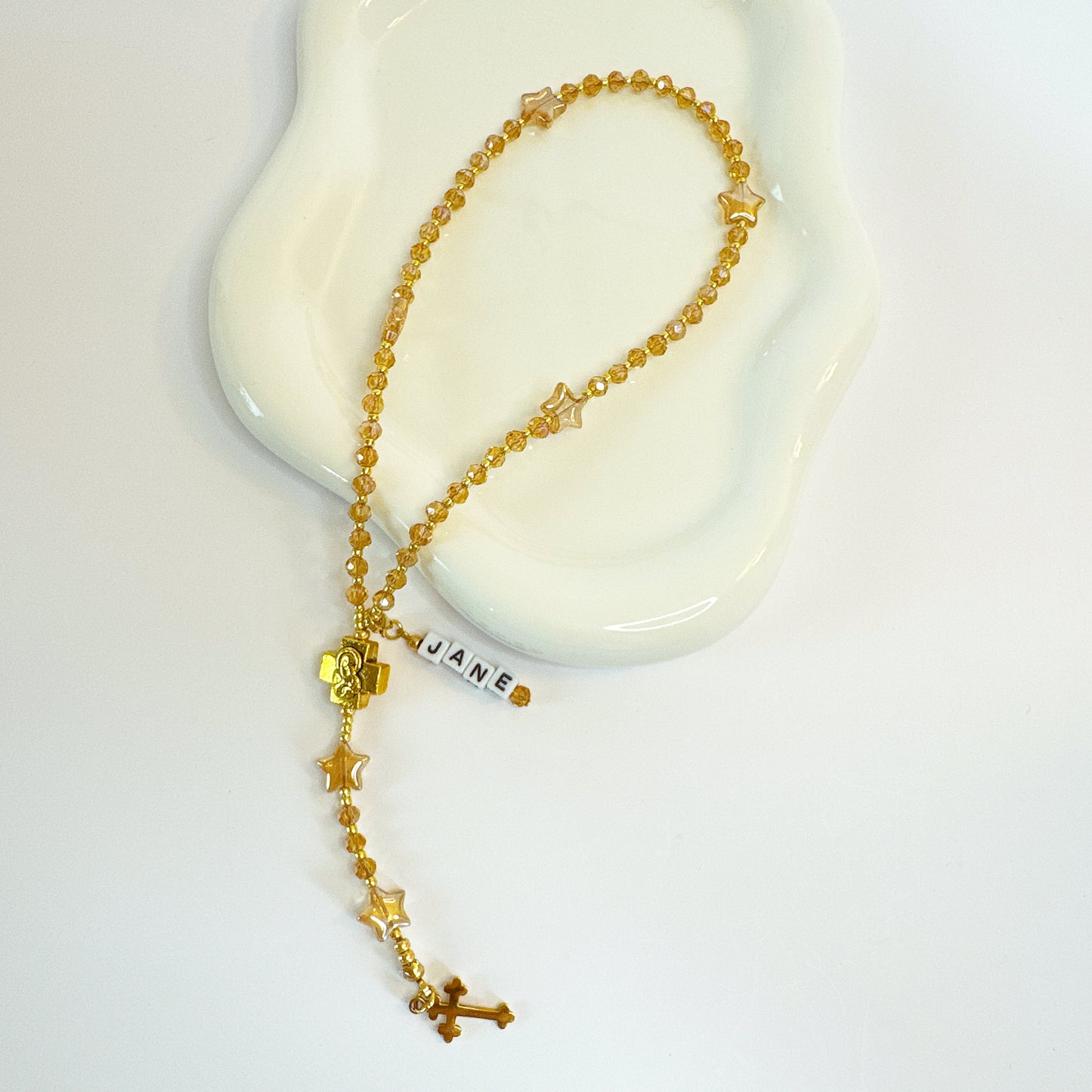 Golden Twinkle Rosary  | Custom Name Tag Option