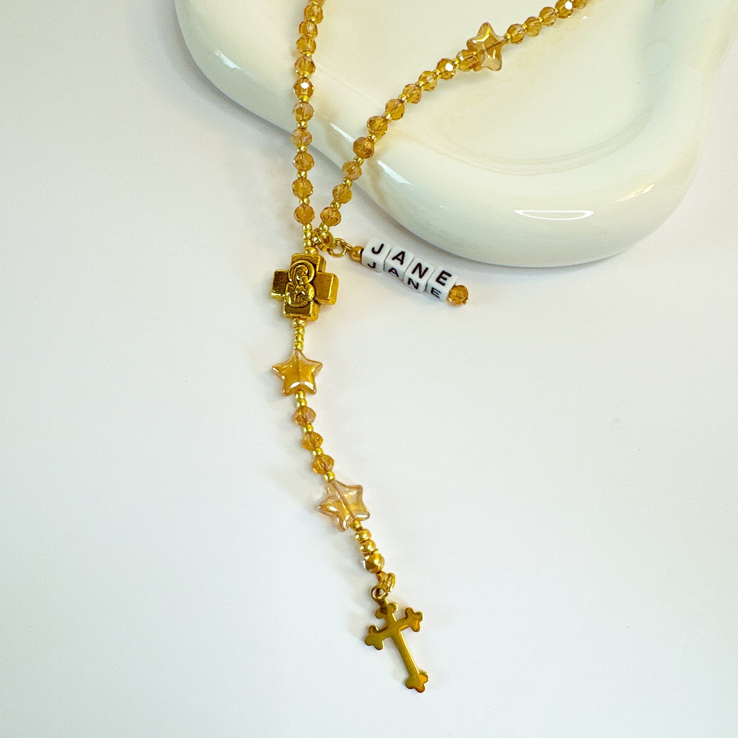 Golden Twinkle Rosary  | Custom Name Tag Option