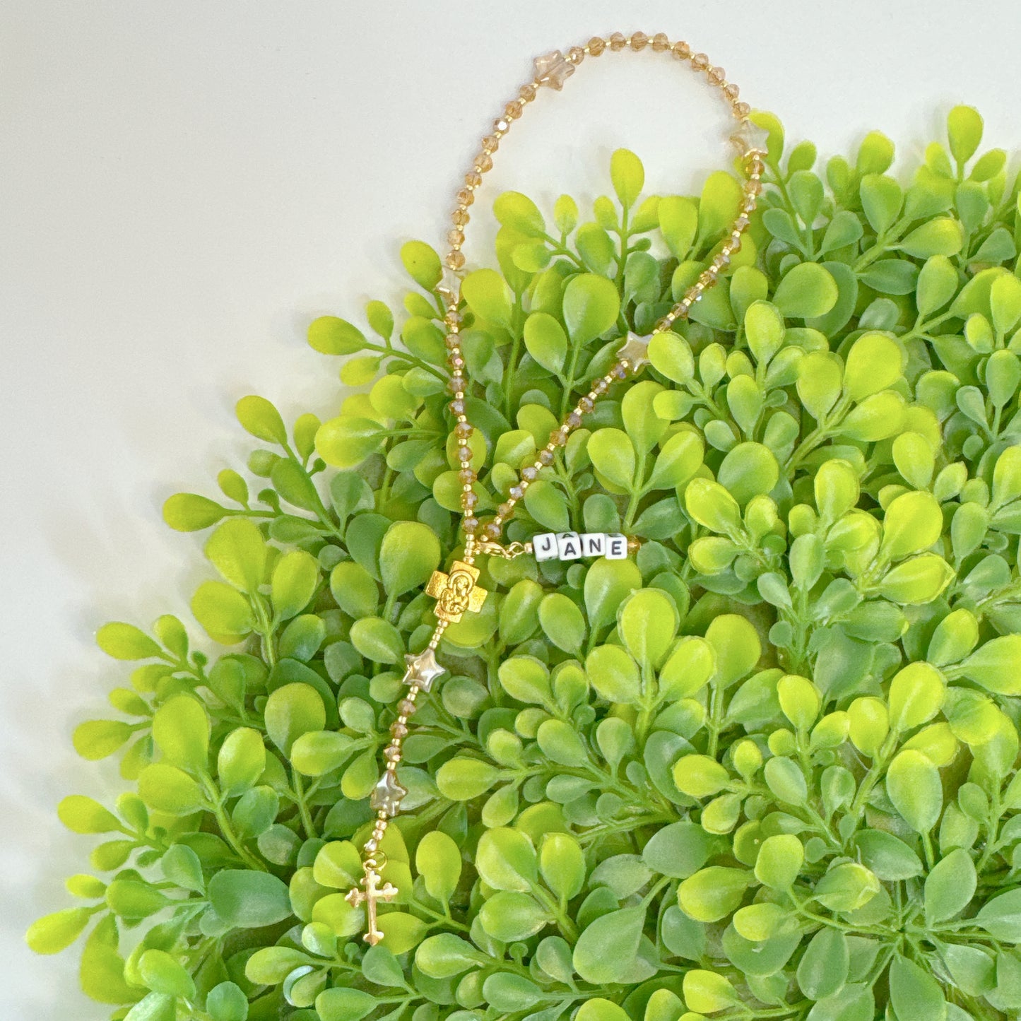 Golden Twinkle Rosary  | Custom Name Tag Option