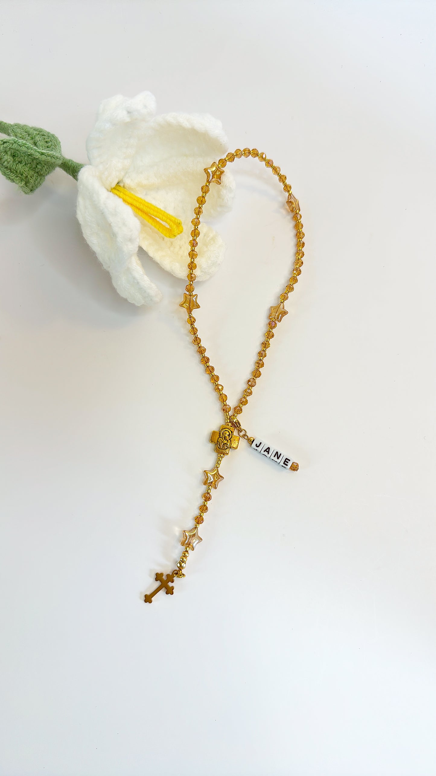 Golden Twinkle Rosary  | Custom Name Tag Option