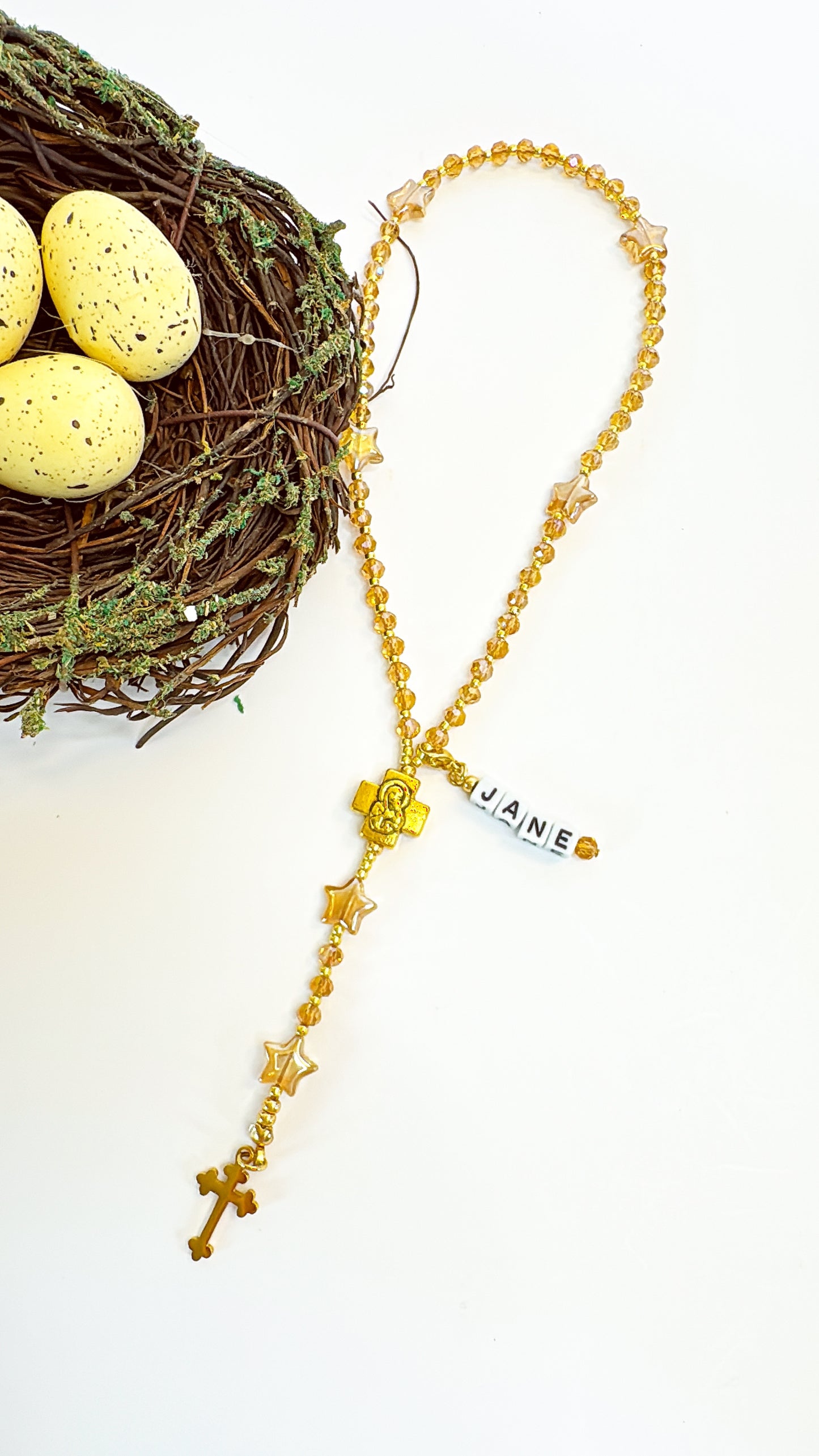 Golden Twinkle Rosary  | Custom Name Tag Option
