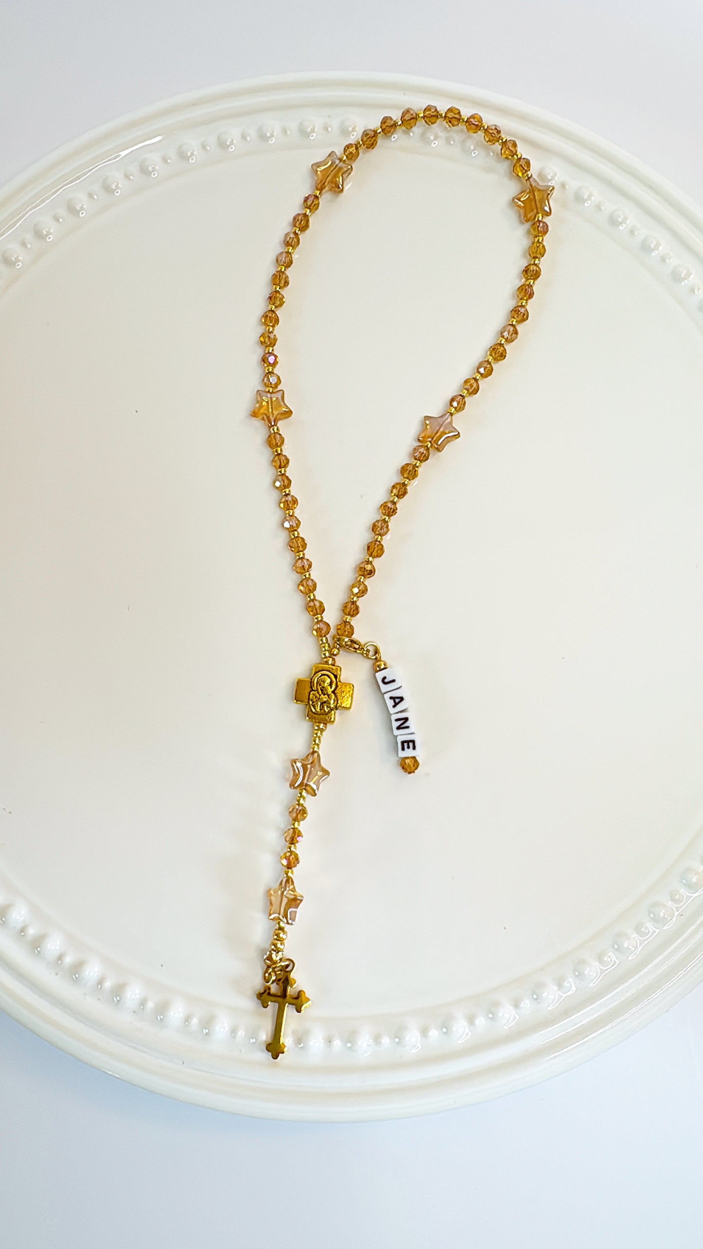 Golden Twinkle Rosary  | Custom Name Tag Option