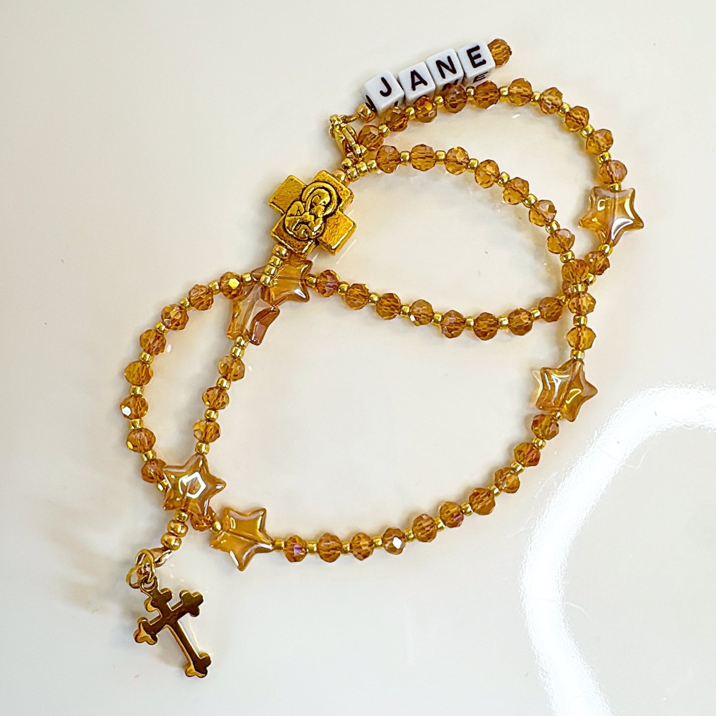 Golden Twinkle Rosary  | Custom Name Tag Option