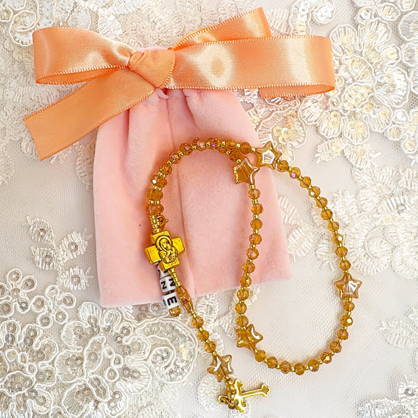 Golden Twinkle Rosary  | Custom Name Tag Option