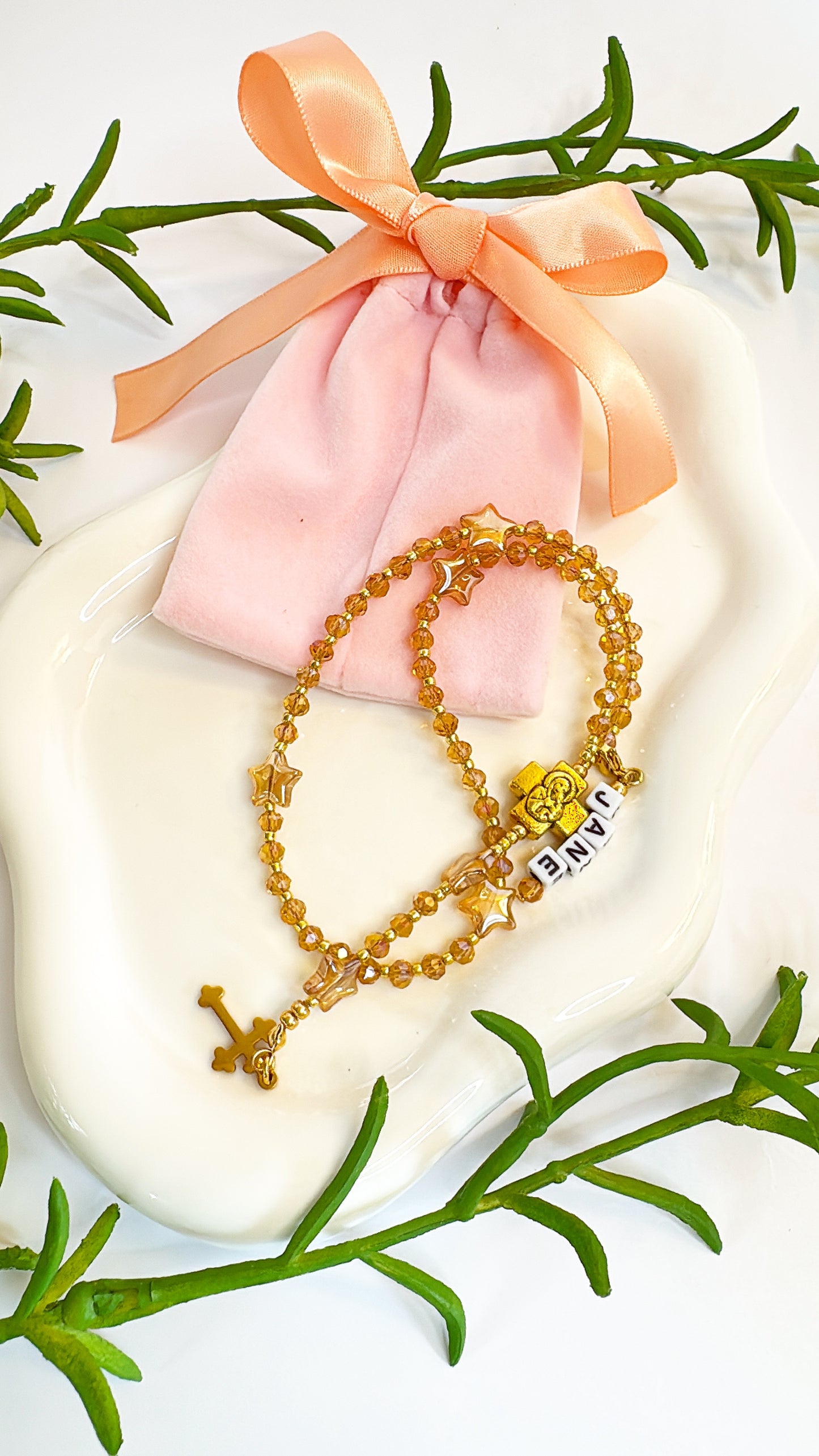 Golden Twinkle Rosary  | Custom Name Tag Option