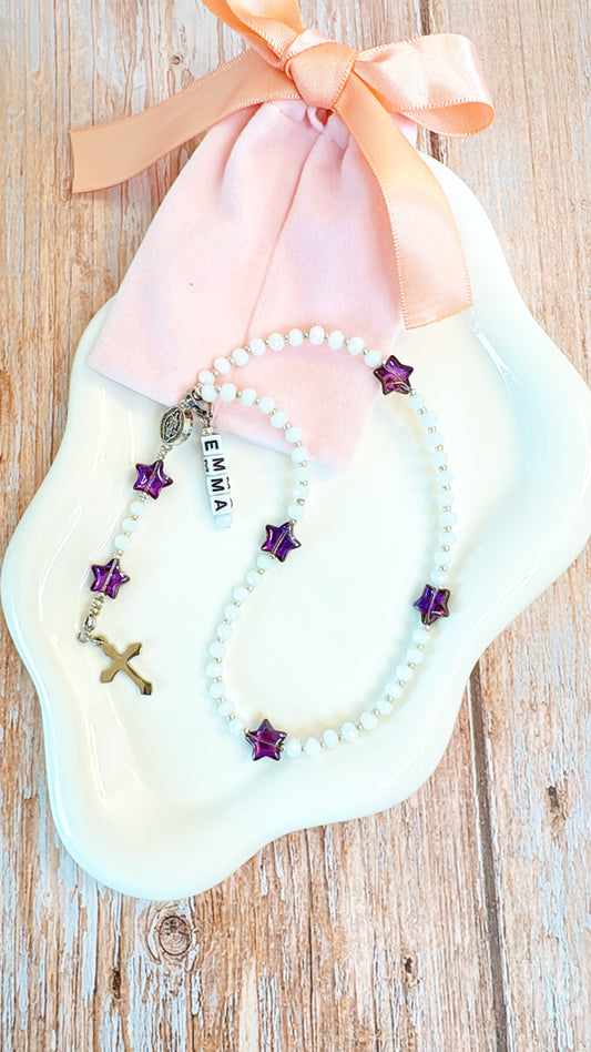 White Crystal & Purple Star Beads Rosary | Custom Name Tag Option (up to 10 characters)