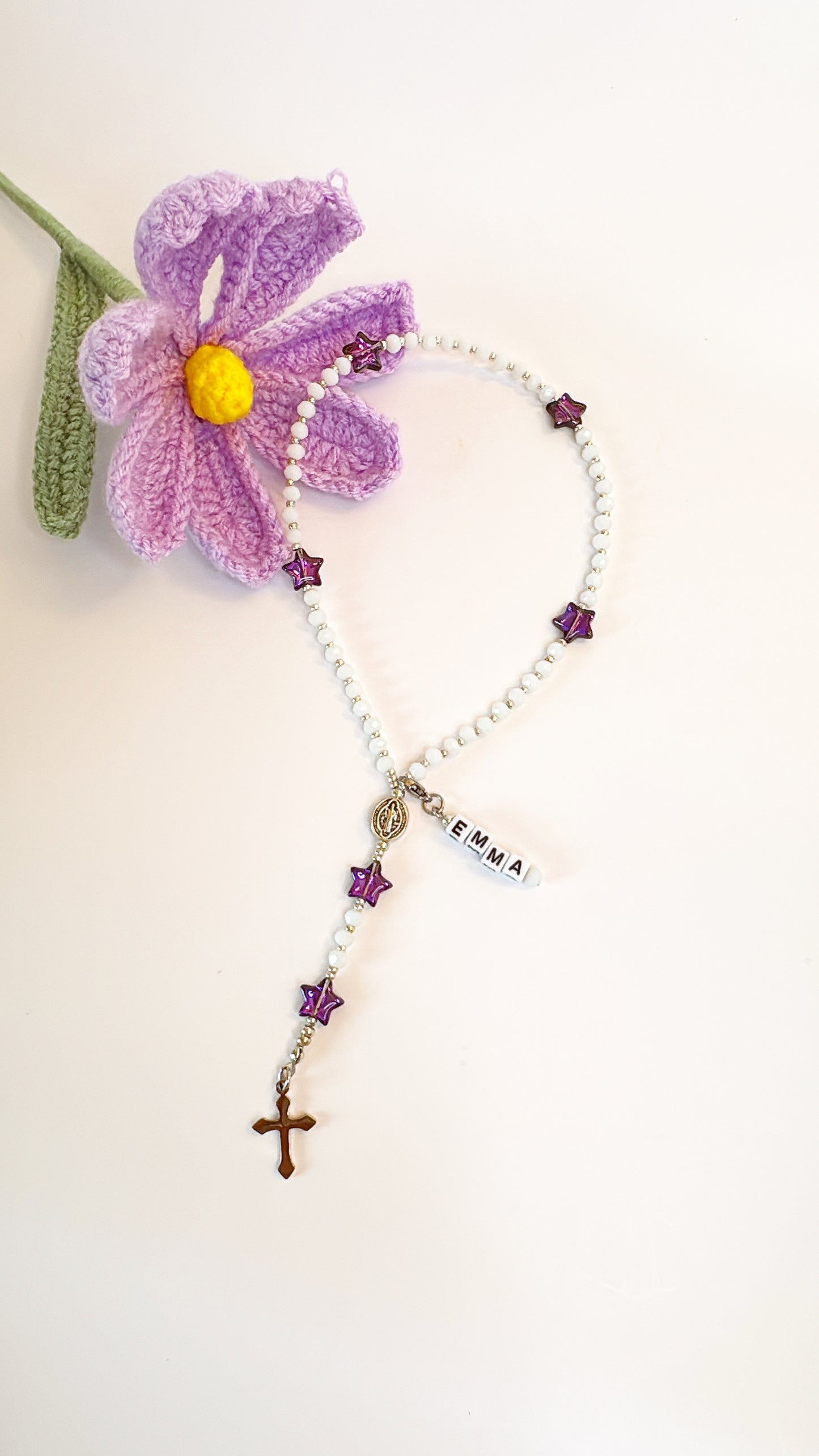 White Crystal & Purple Star Beads Rosary | Custom Name Tag Option (up to 10 characters)