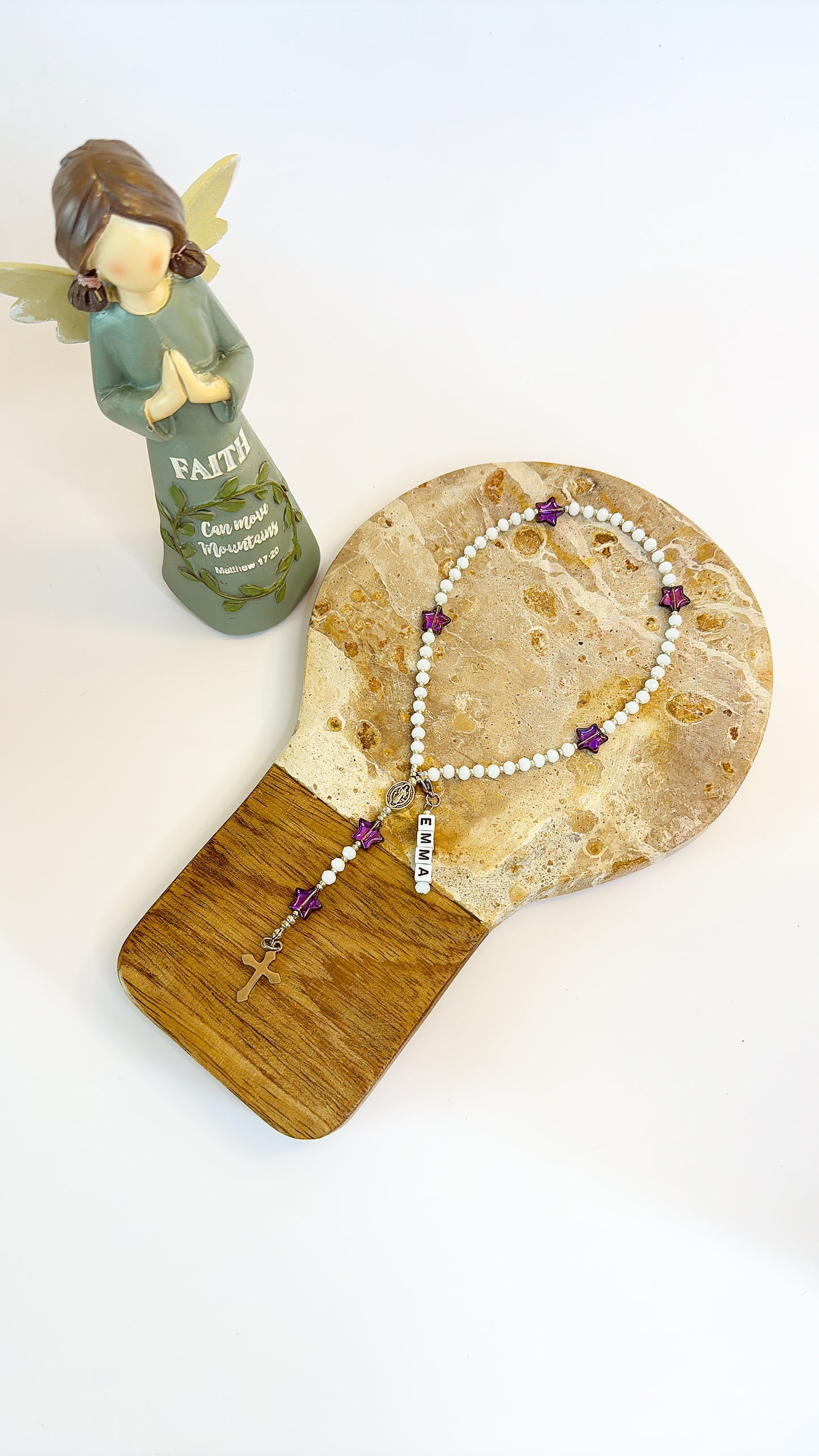 White Crystal & Purple Star Beads Rosary | Custom Name Tag Option (up to 10 characters)