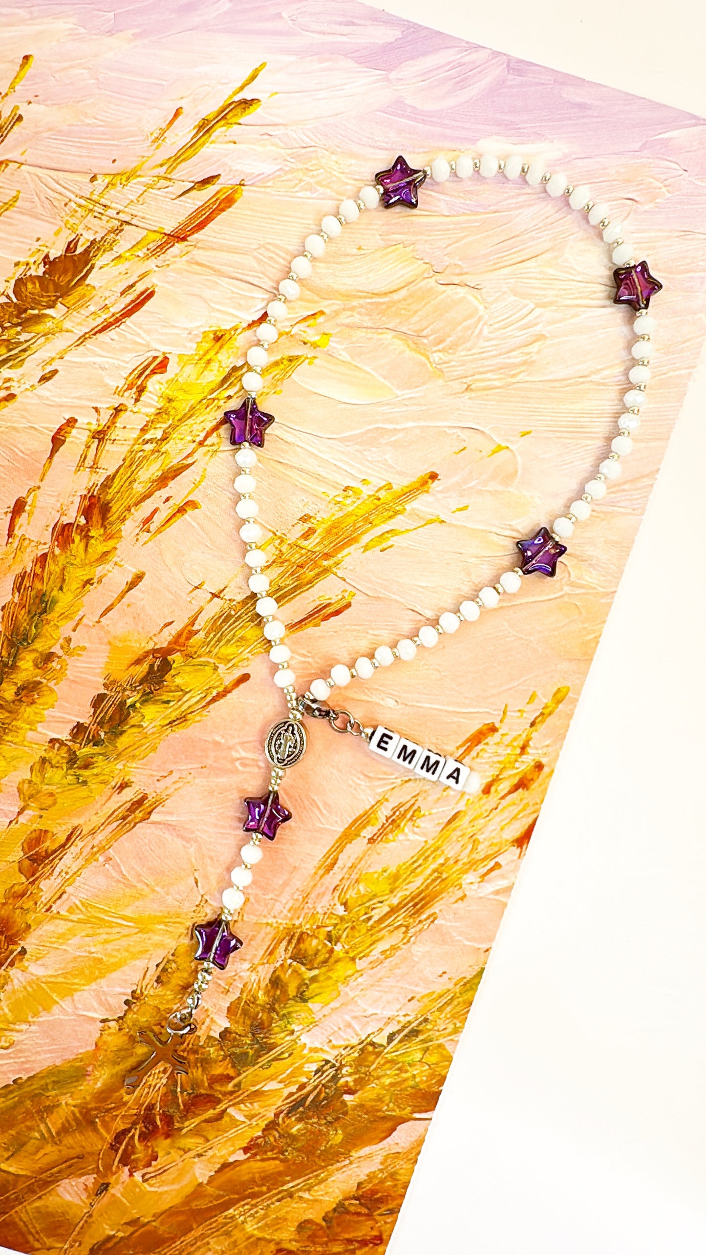 White Crystal & Purple Star Beads Rosary | Custom Name Tag Option (up to 10 characters)