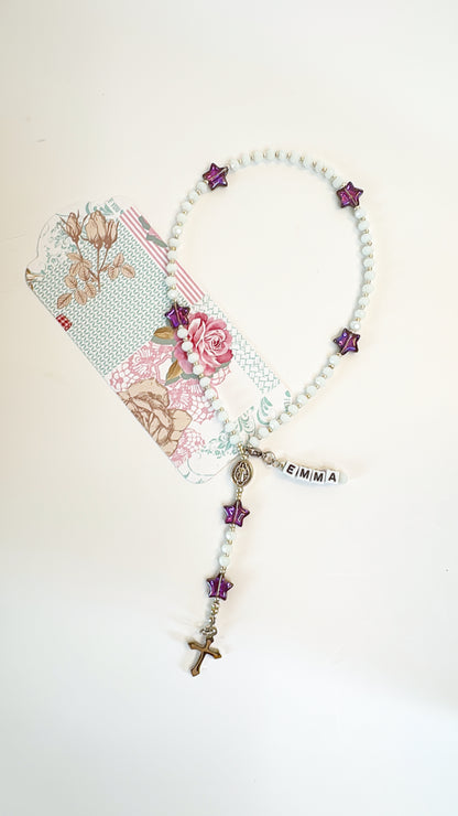 White Crystal & Purple Star Beads Rosary | Custom Name Tag Option (up to 10 characters)