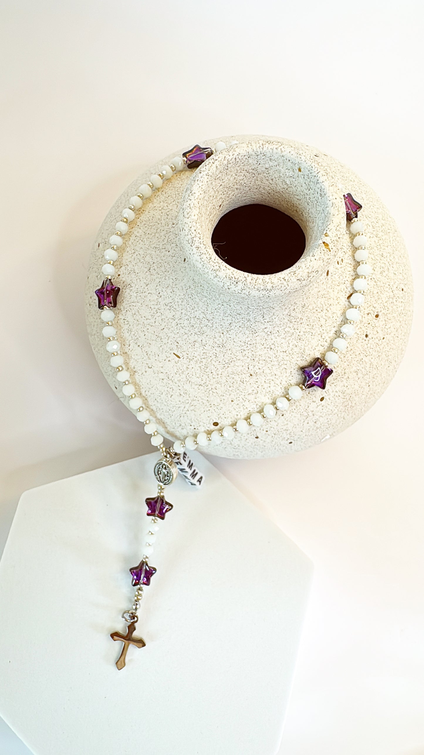 White Crystal & Purple Star Beads Rosary | Custom Name Tag Option (up to 10 characters)