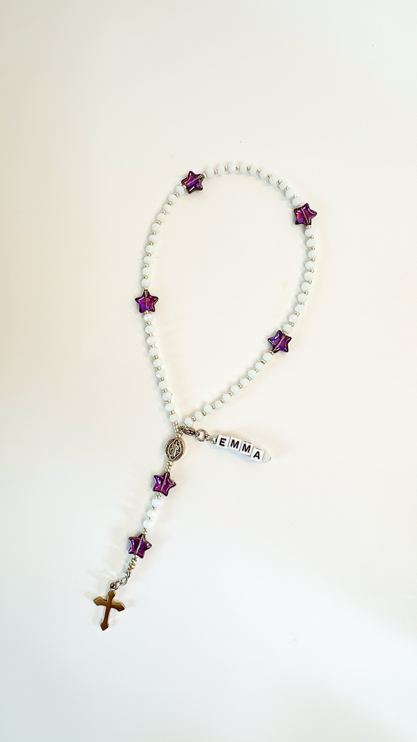 White Crystal & Purple Star Beads Rosary | Custom Name Tag Option (up to 10 characters)