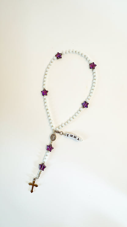 White Crystal & Purple Star Beads Rosary | Custom Name Tag Option (up to 10 characters)