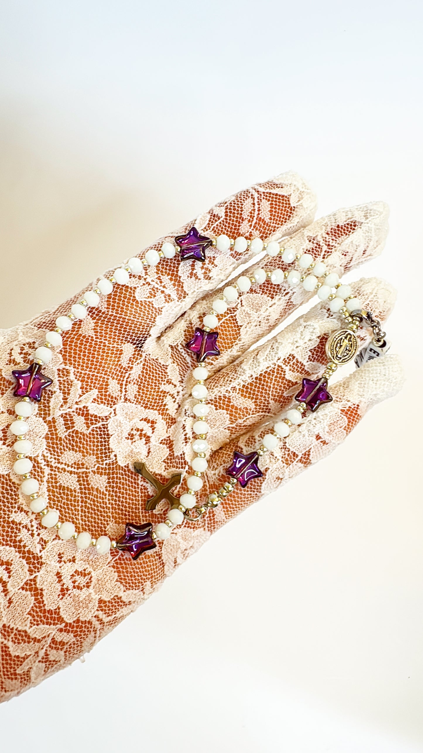 White Crystal & Purple Star Beads Rosary | Custom Name Tag Option (up to 10 characters)