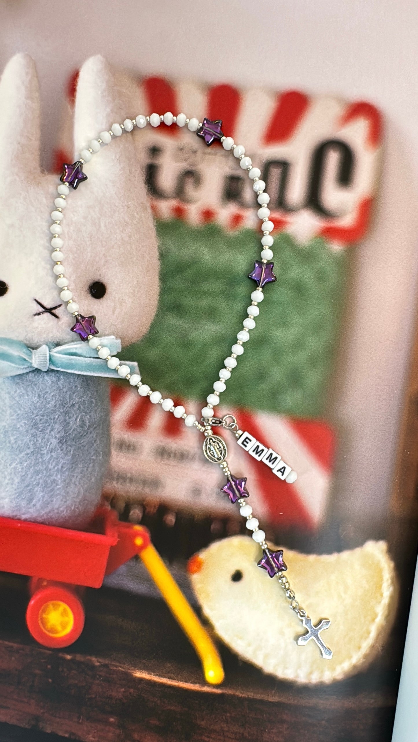 White Crystal & Purple Star Beads Rosary | Custom Name Tag Option (up to 10 characters)