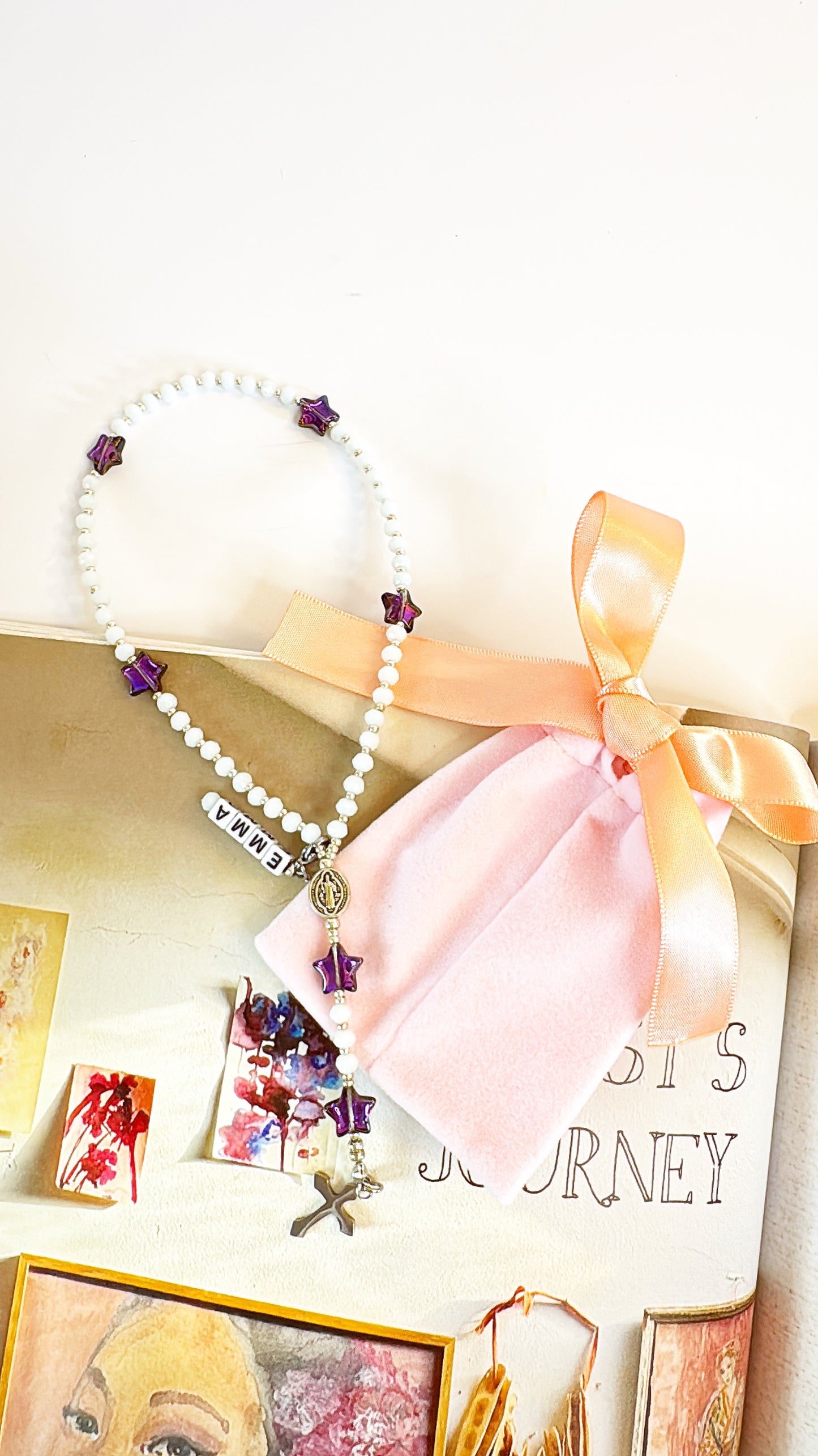 White Crystal & Purple Star Beads Rosary | Custom Name Tag Option (up to 10 characters)