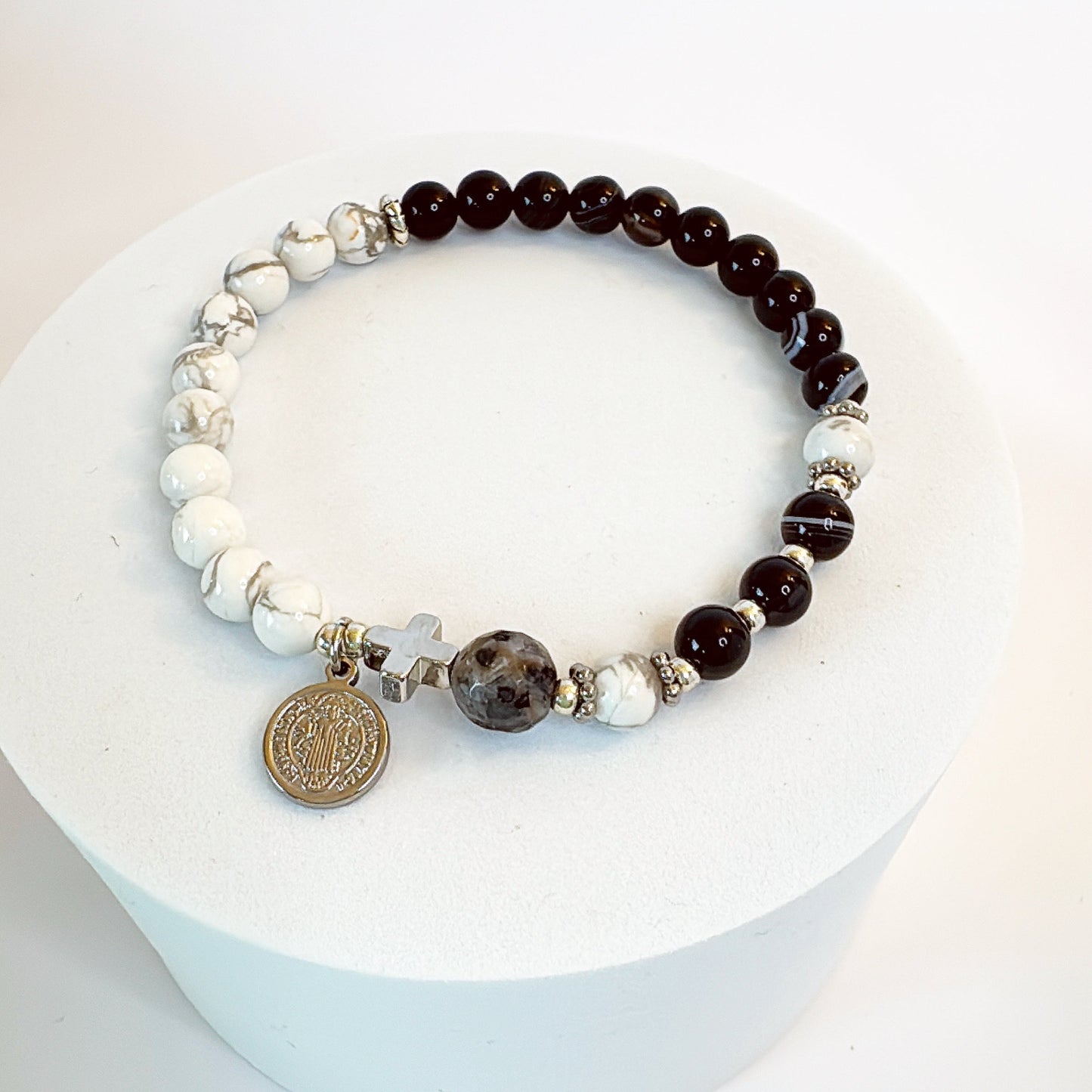 6mm Black Striped Agate Two Decades Rosary Bracelet