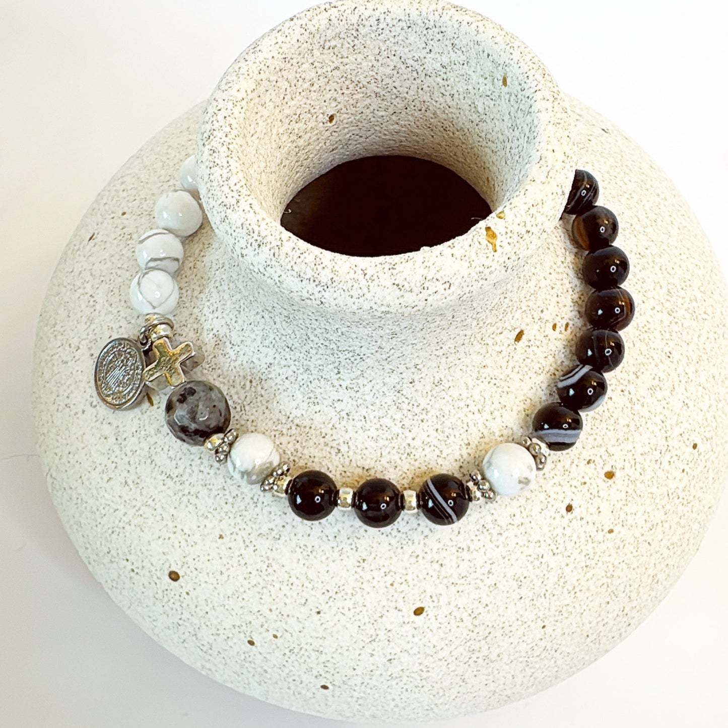 6mm Black Striped Agate Two Decades Rosary Bracelet