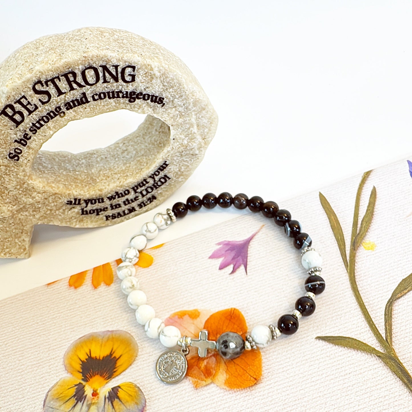6mm Black Striped Agate Two Decades Rosary Bracelet