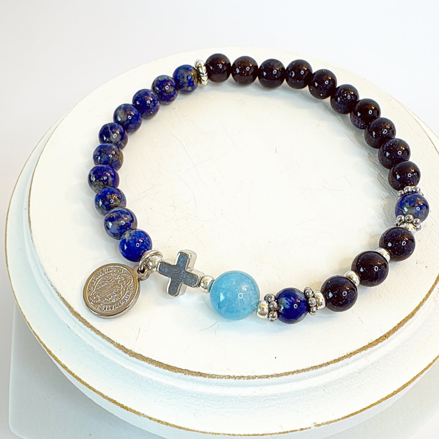 6mm Blue Goldsand Two Decades Rosary Bracelet