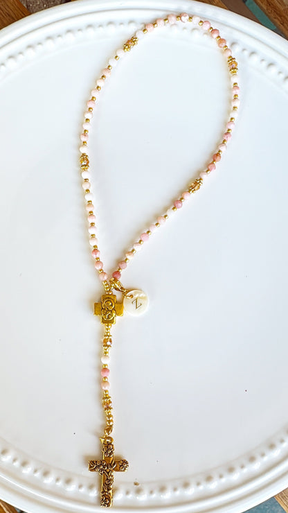 Personalized Pink Opal Rosary with Mother of Pearl Initial