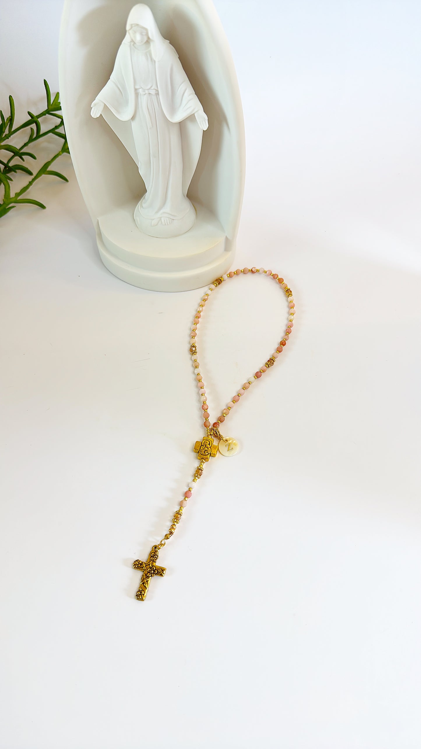 Personalized Pink Opal Rosary with Mother of Pearl Initial