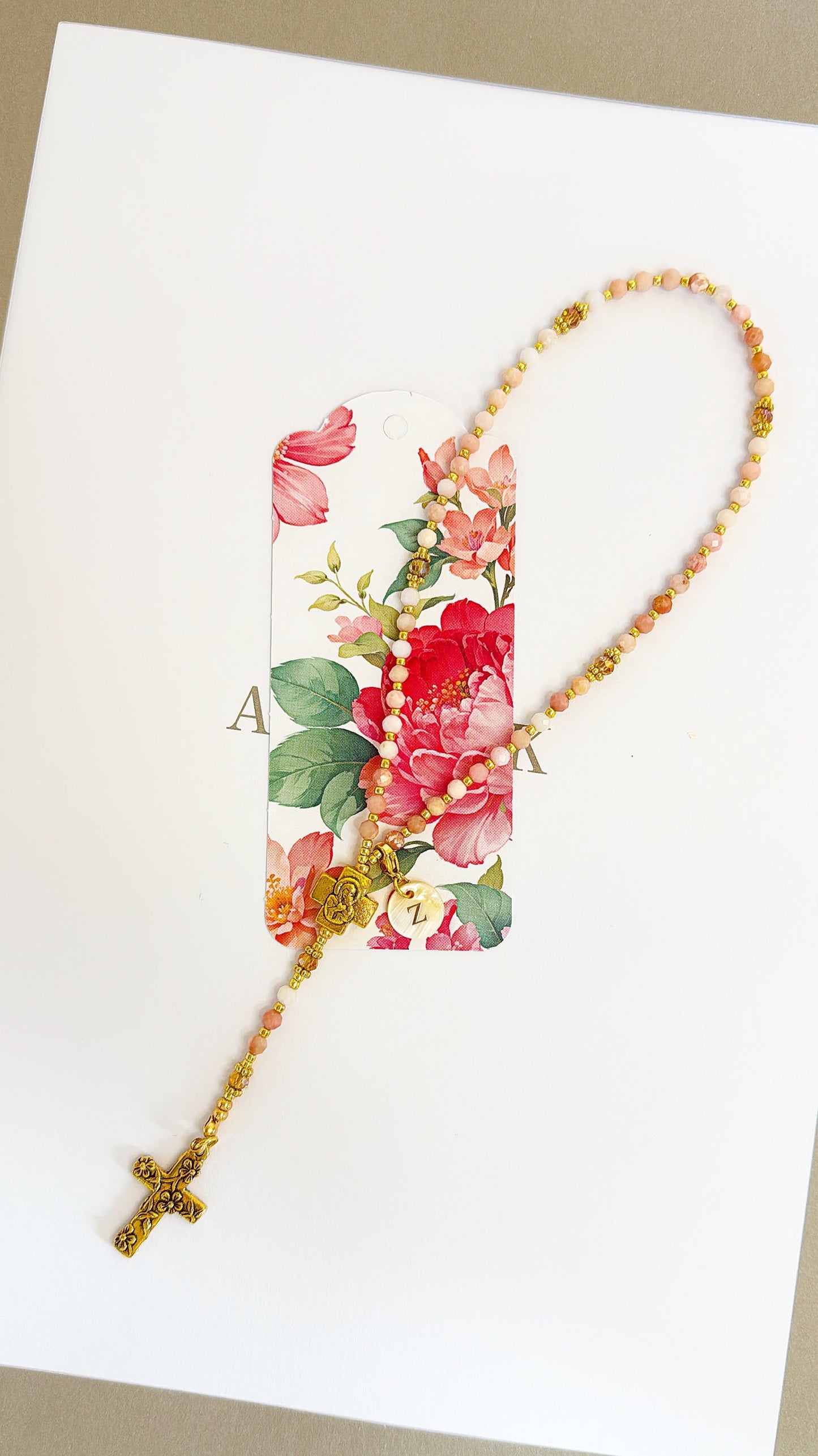 Personalized Pink Opal Rosary with Mother of Pearl Initial