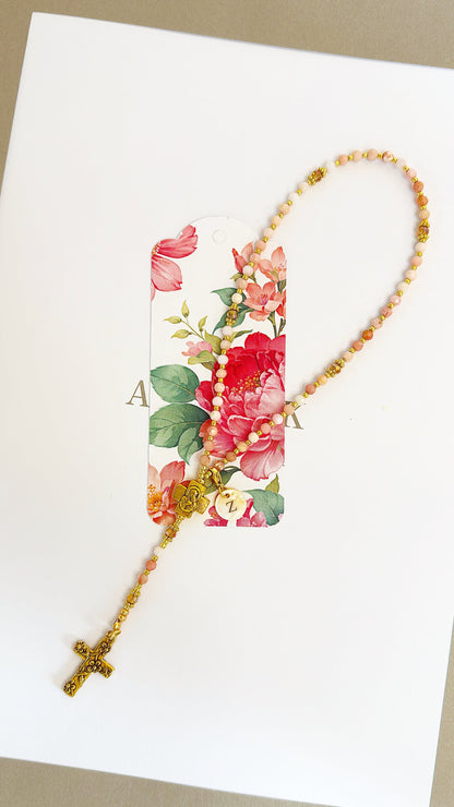Personalized Pink Opal Rosary with Mother of Pearl Initial