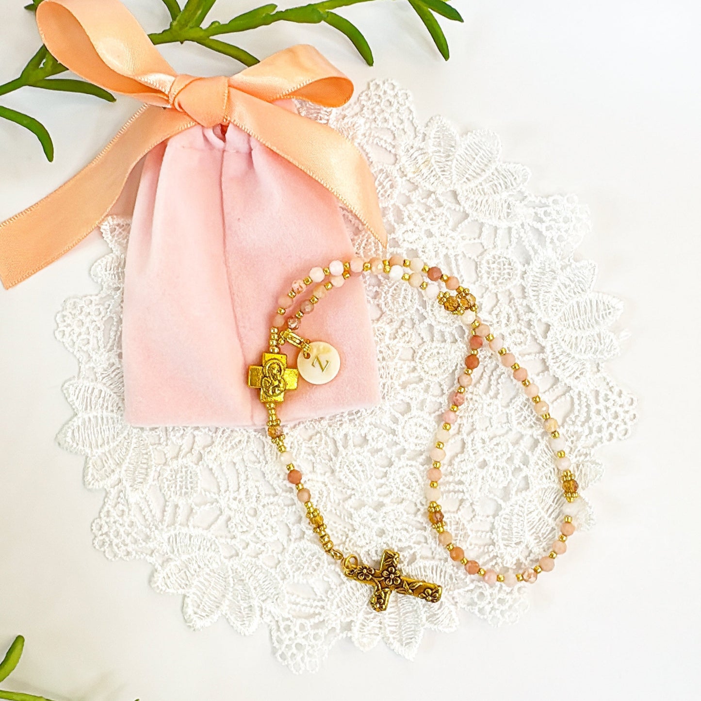 Personalized Pink Opal Rosary with Mother of Pearl Initial