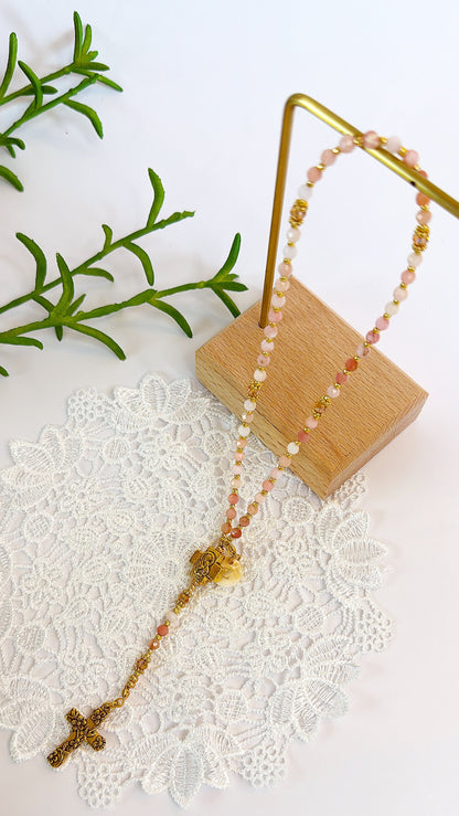 Personalized Pink Opal Rosary with Mother of Pearl Initial