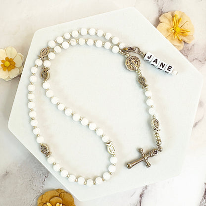 Baby Fish - White Agate Rosary |Custom Name Tag Option (up to 10 characters)