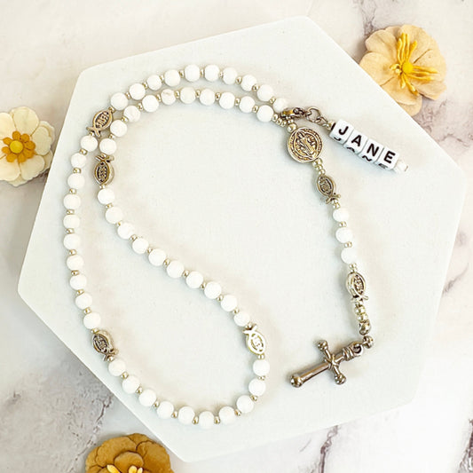 Baby Fish - White Agate Rosary |Custom Name Tag Option (up to 10 characters)