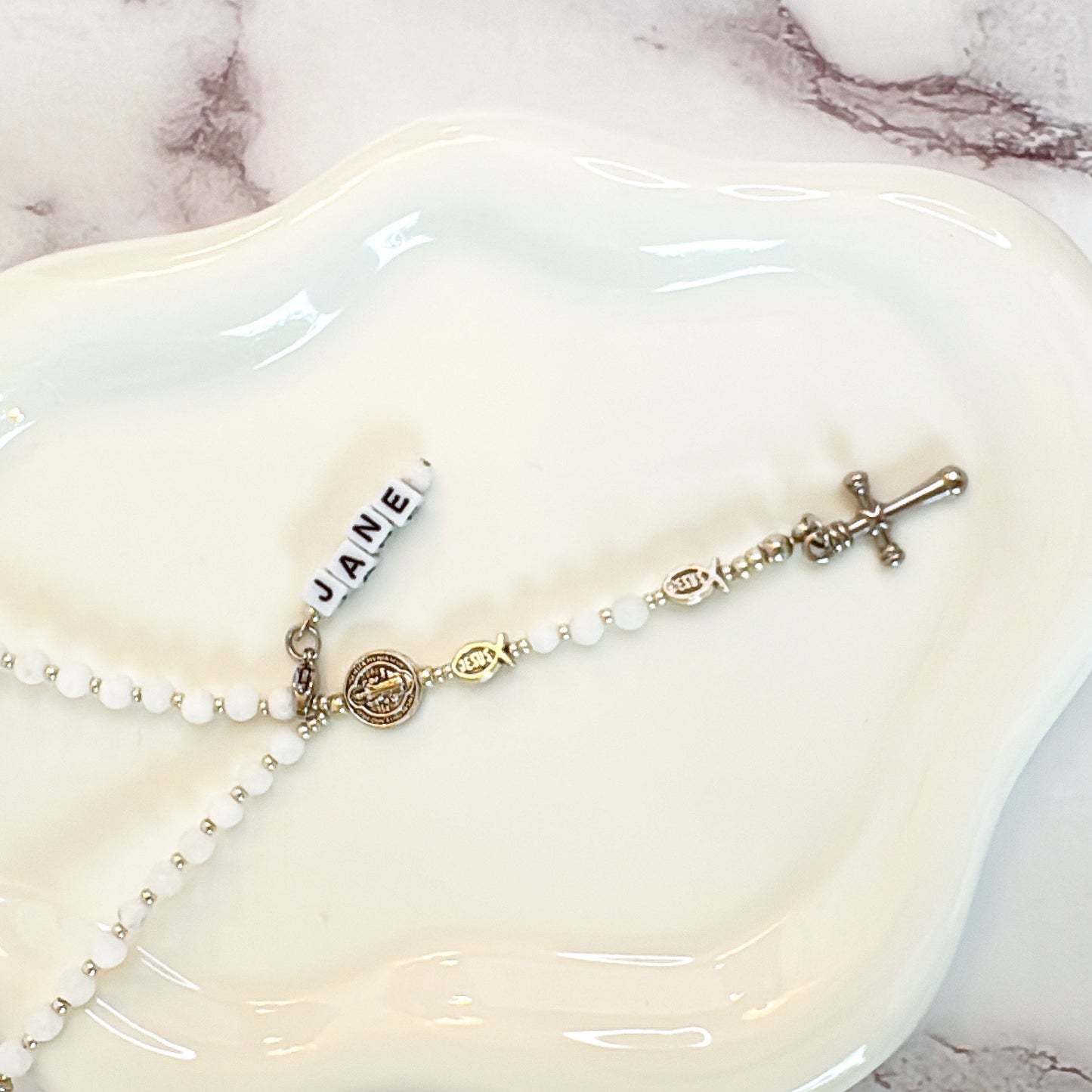 Baby Fish - White Agate Rosary |Custom Name Tag Option (up to 10 characters)